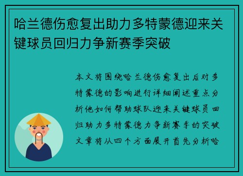 哈兰德伤愈复出助力多特蒙德迎来关键球员回归力争新赛季突破