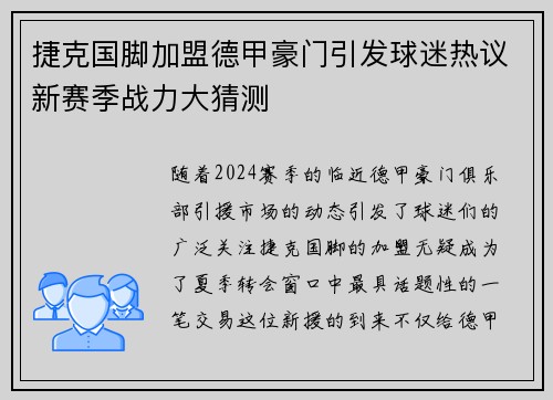 捷克国脚加盟德甲豪门引发球迷热议新赛季战力大猜测