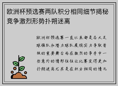 欧洲杯预选赛两队积分相同细节揭秘竞争激烈形势扑朔迷离