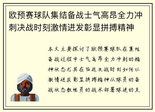 欧预赛球队集结备战士气高昂全力冲刺决战时刻激情迸发彰显拼搏精神