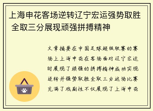 上海申花客场逆转辽宁宏运强势取胜 全取三分展现顽强拼搏精神