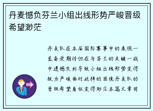 丹麦憾负芬兰小组出线形势严峻晋级希望渺茫