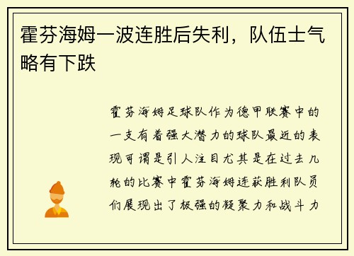 霍芬海姆一波连胜后失利，队伍士气略有下跌