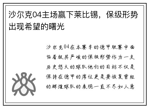 沙尔克04主场赢下莱比锡，保级形势出现希望的曙光