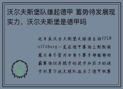 沃尔夫斯堡队雄起德甲 蓄势待发展现实力，沃尔夫斯堡是德甲吗