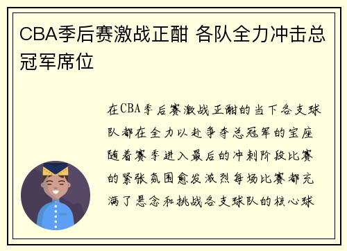 CBA季后赛激战正酣 各队全力冲击总冠军席位