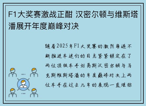 F1大奖赛激战正酣 汉密尔顿与维斯塔潘展开年度巅峰对决