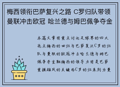 梅西领衔巴萨复兴之路 C罗归队带领曼联冲击欧冠 哈兰德与姆巴佩争夺金靴